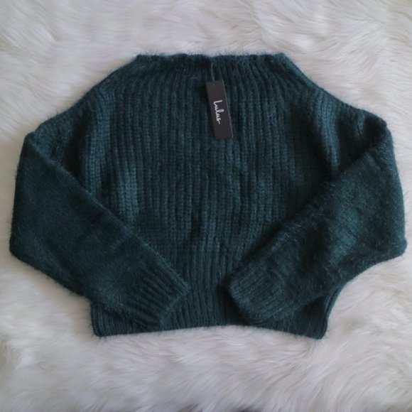 Lulus Sweaters - NWT Lulu’s Dark Green Off-the-Shoulder Long Sleeve Fuzzy Sweater Top Size Medium
